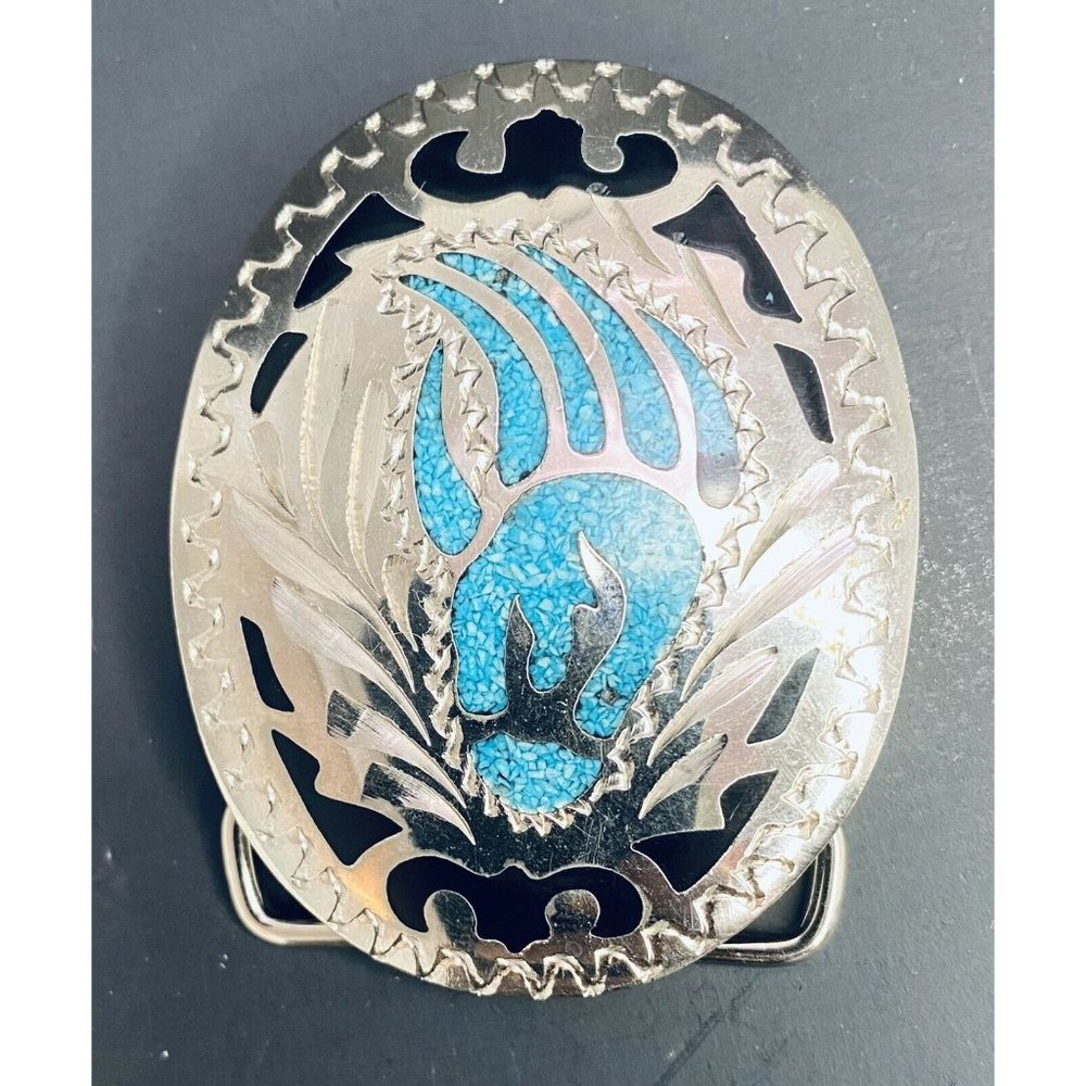 VINTAGE Belt Buckle Pewter Bear Claw Paw Turquoise